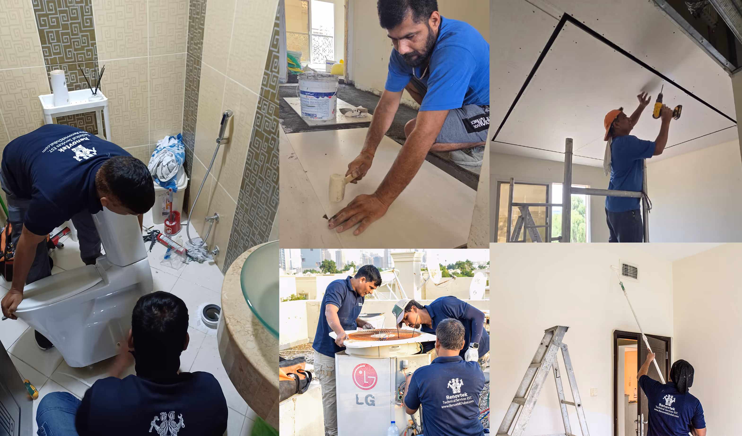 a combined photo of technicians doing tile fixing, plumbing, wall painting, false ceiling fixing, and AC repair.